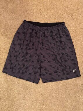 Asics Reflective Logo Tiebreaker Training Shorts Black & Grey Geometric Print XL